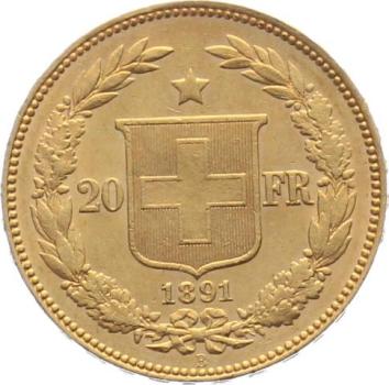 20 Franken 1891 B Goldhelvetia aus 900er-Gold – historische Schweizer Goldmünze aus dem Jubiläumsjahr 600 Jahre Eidgenossenschaft, Auflage 100'000 Exemplare.